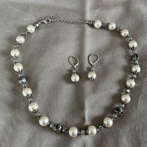 Silver and pearl costume necklace and earrings set